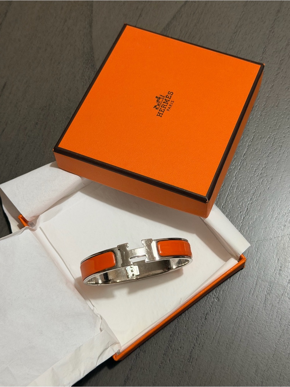 Authentic Hermes Clic H Bracelet Orange/Silver 12mm Size 16 PM + Box